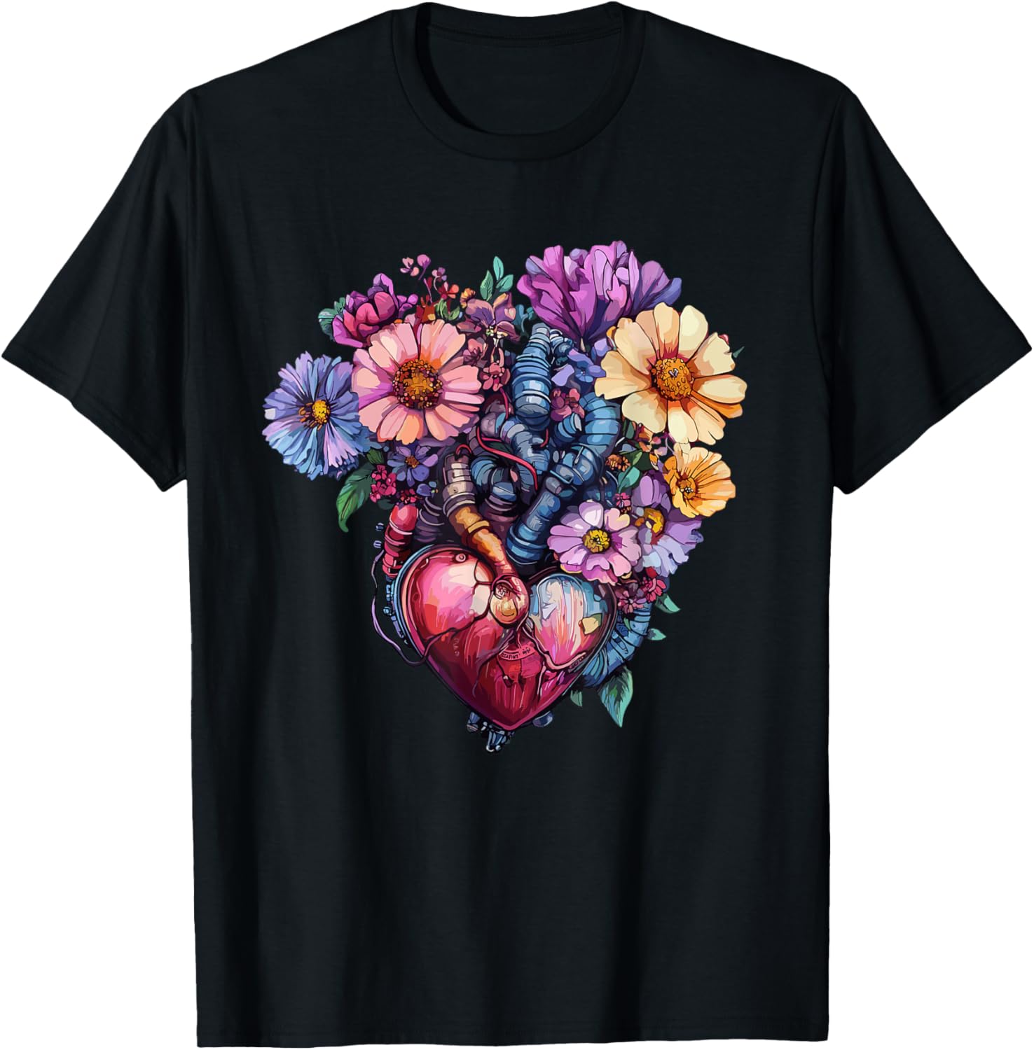 Anatomical Heart with Colorful Wildflowers T-Shirt - T-Shirt | Black