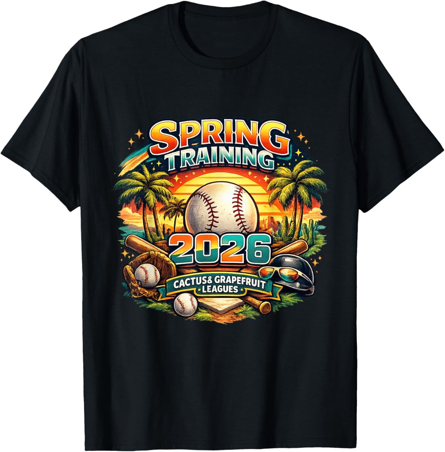Spring Training 2026 Retro Baseball Design Palm Cactus T-Shirt - T-Shirt | Black