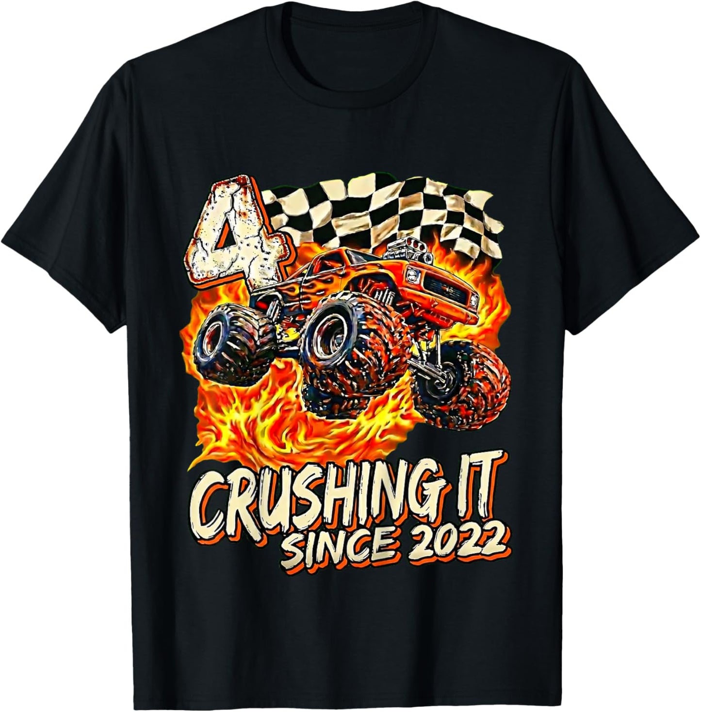 Kids Birthday Monster Truck Boy 4 Year Old Crushing It Since 2022 T-Shirt - T-Shirt | Black