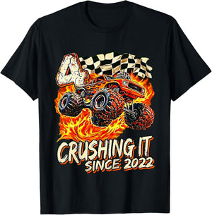 Kids Birthday Monster Truck Boy 4 Year Old Crushing It Since 2022 T-Shirt - T-Shirt | Black