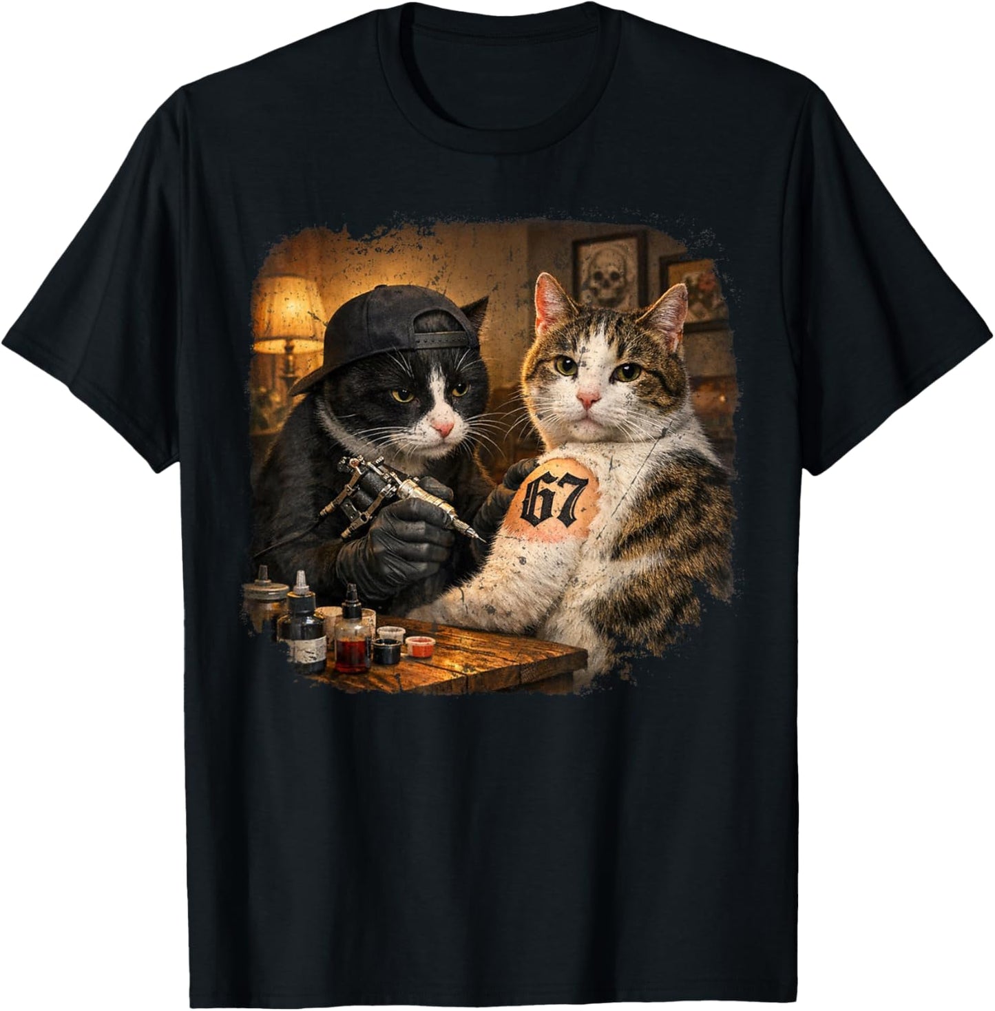 Vintage Cat Tattoo Inked Kitty Artist Funny 67 Meme T-Shirt - T-Shirt | Black