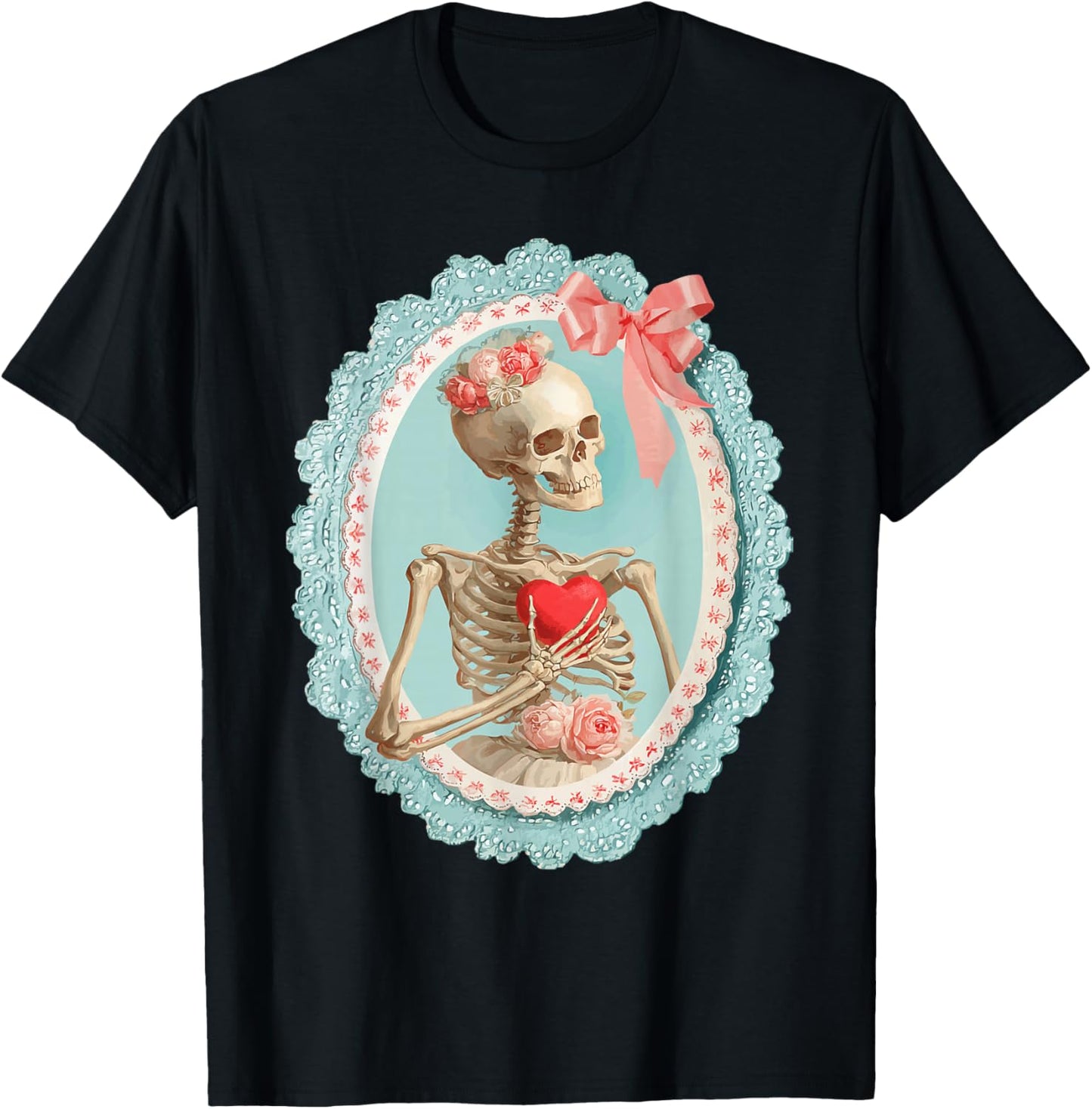 Skeleton with Heart Victorian Gothic Romantic Valentines Day T-Shirt - T-Shirt | Black