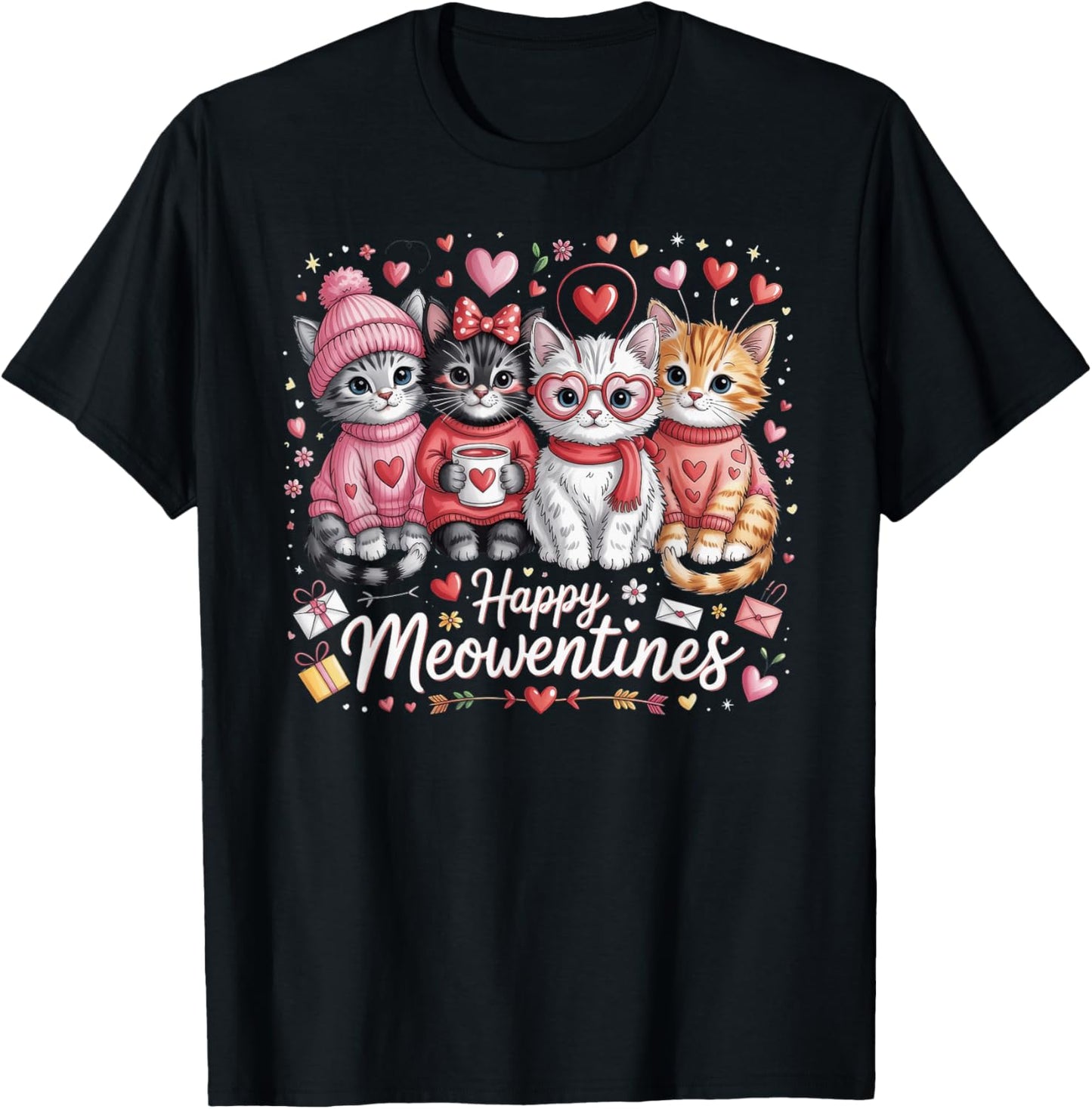 Happy Meowentines Valentine Cat Lovers T-Shirt - T-Shirt | Black