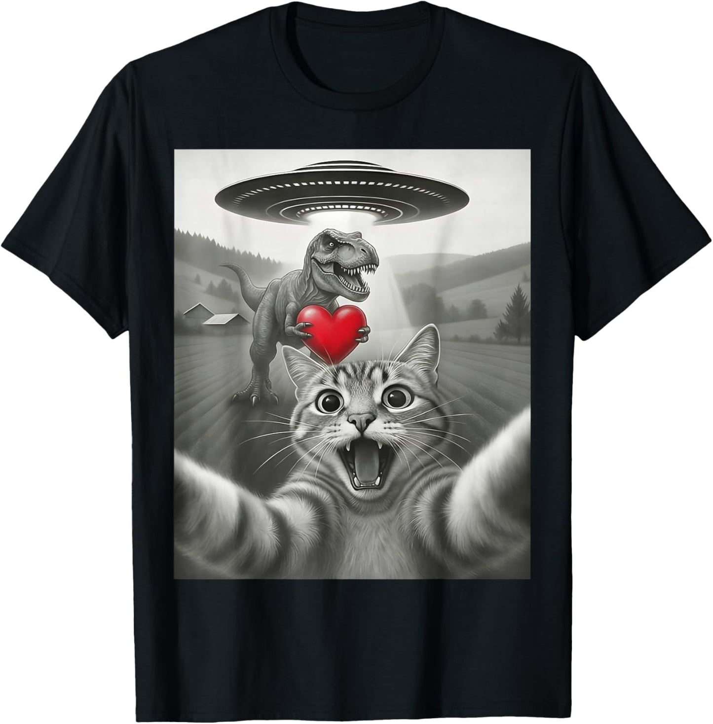 Scared Cat Selfie with Dinosaur TRex Valentines Cat Lover T-Shirt - T-Shirt | Black