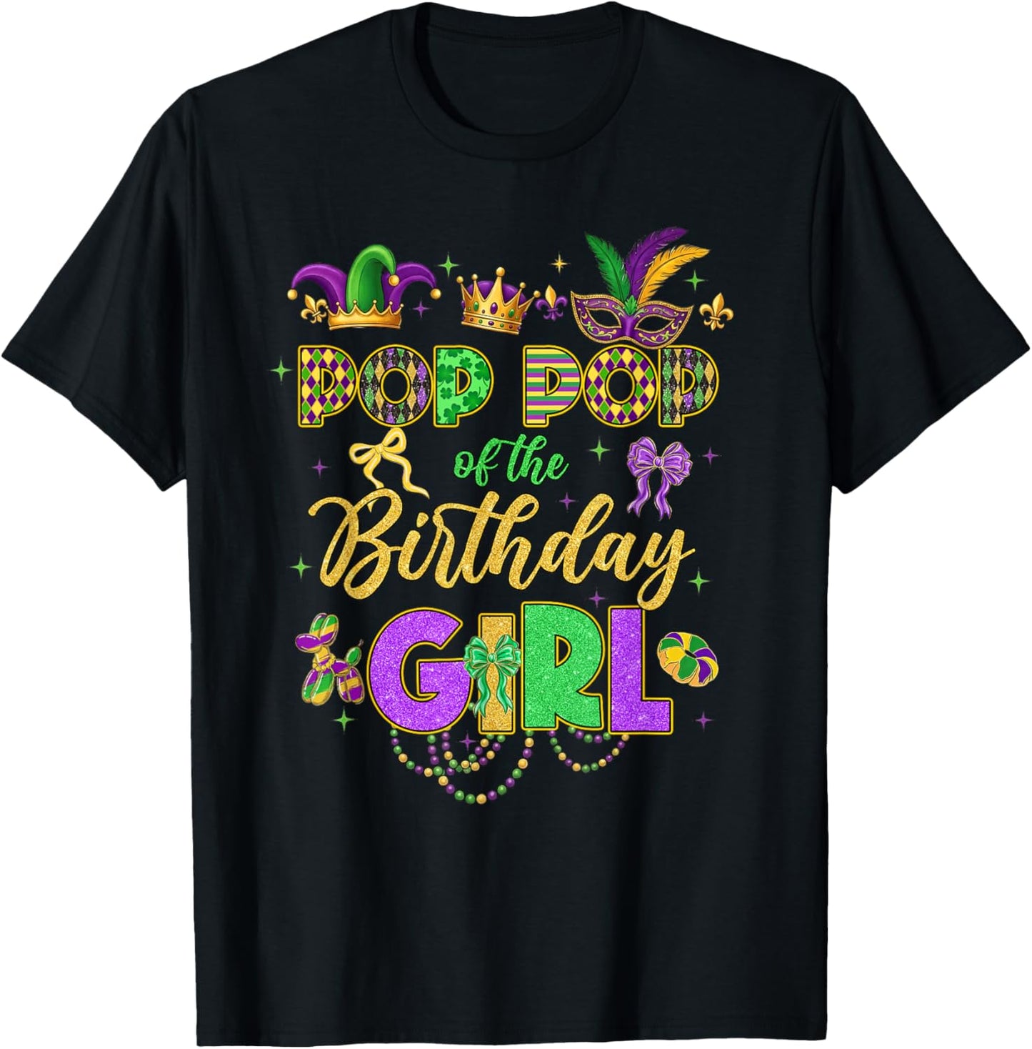 Pop Pop of The Birthday Girl Coquette Bow Mardi Gras Party T-Shirt - T-Shirt | Black