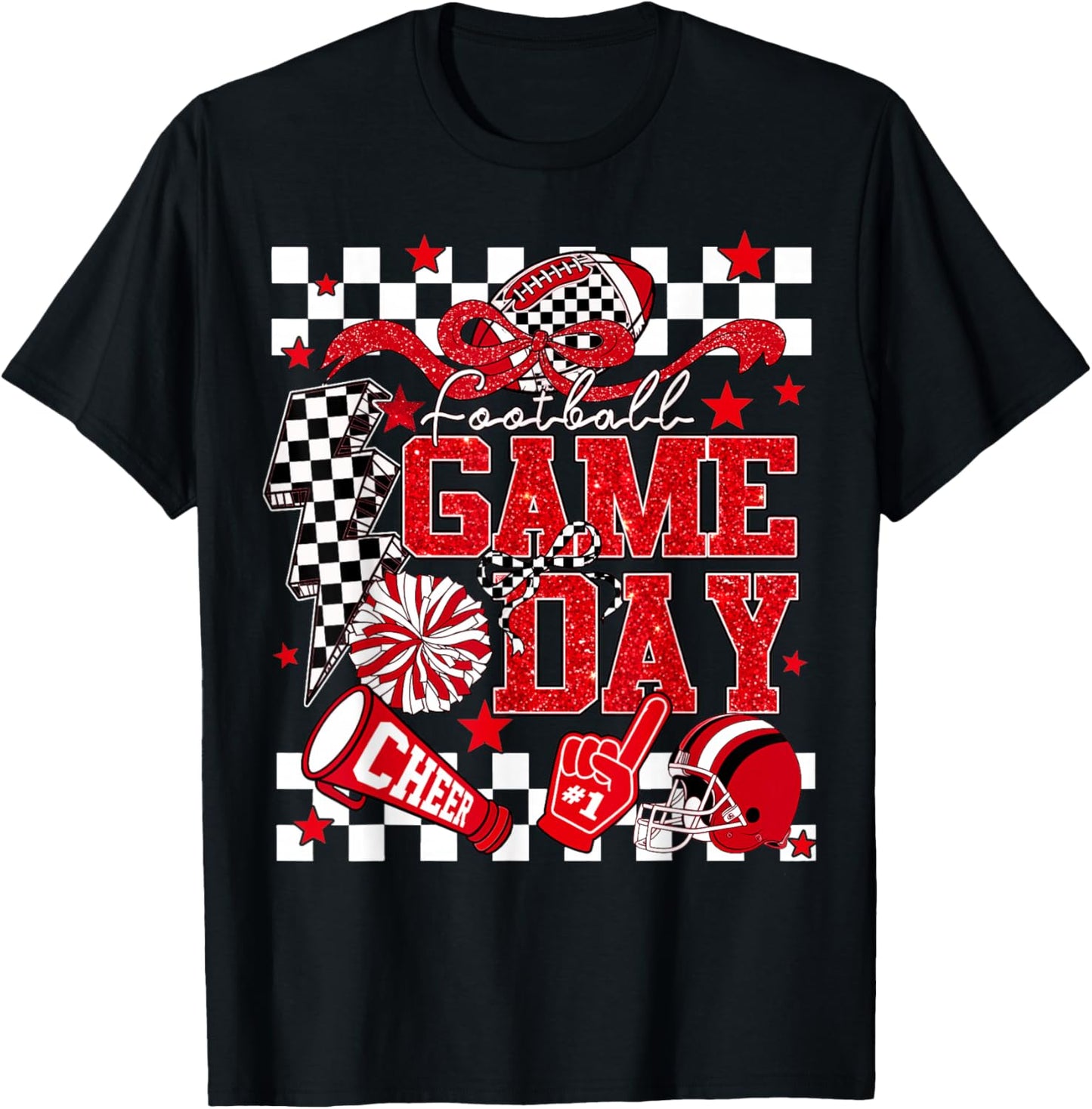 Game Day Football Red Black Touchdown Dad Mom Girls Go Cheer T-Shirt - T-Shirt | Black
