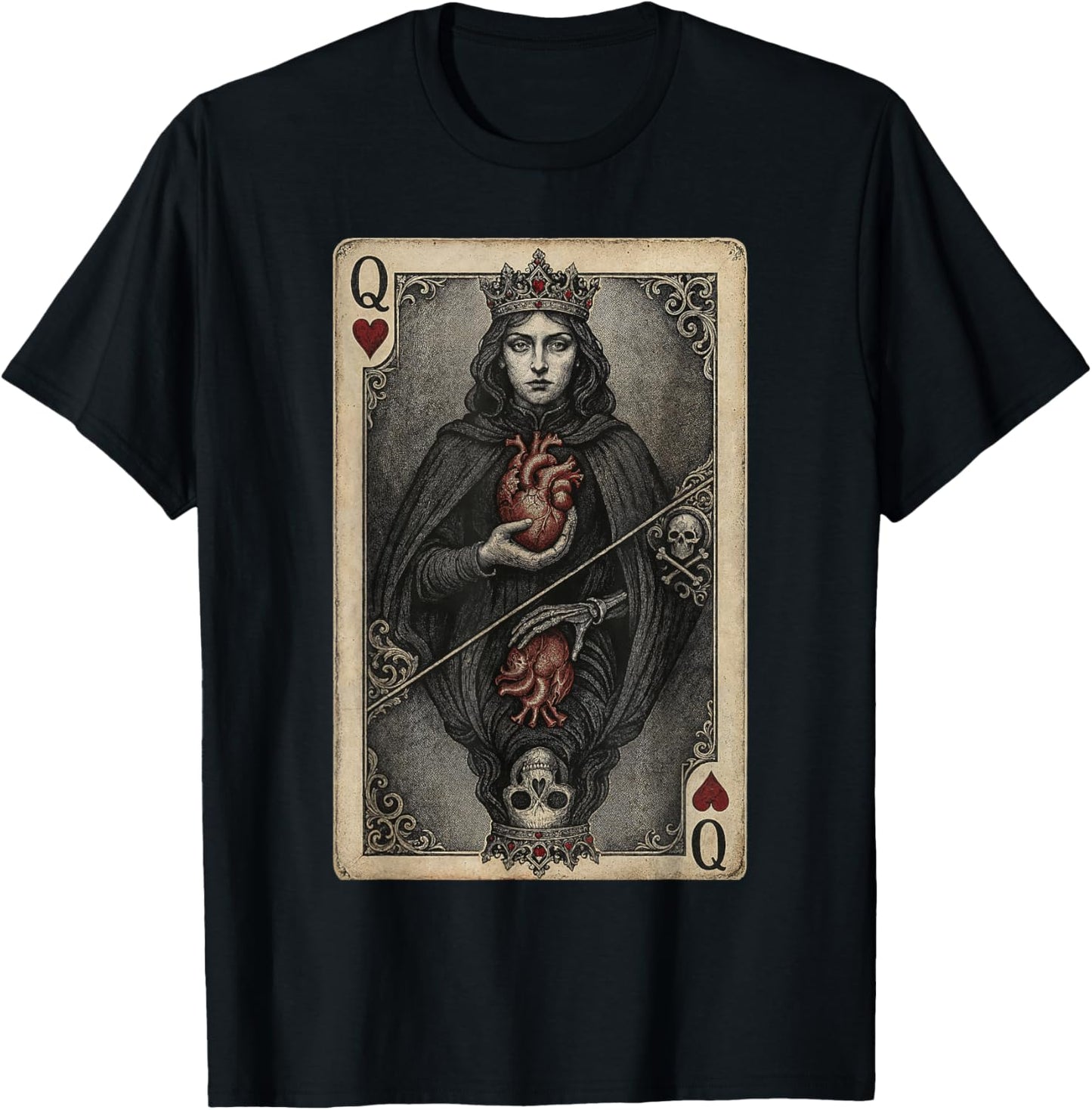 Vintage Gothic Queen of Hearts Playing Card Dark Fantasy Art T-Shirt - T-Shirt | Black