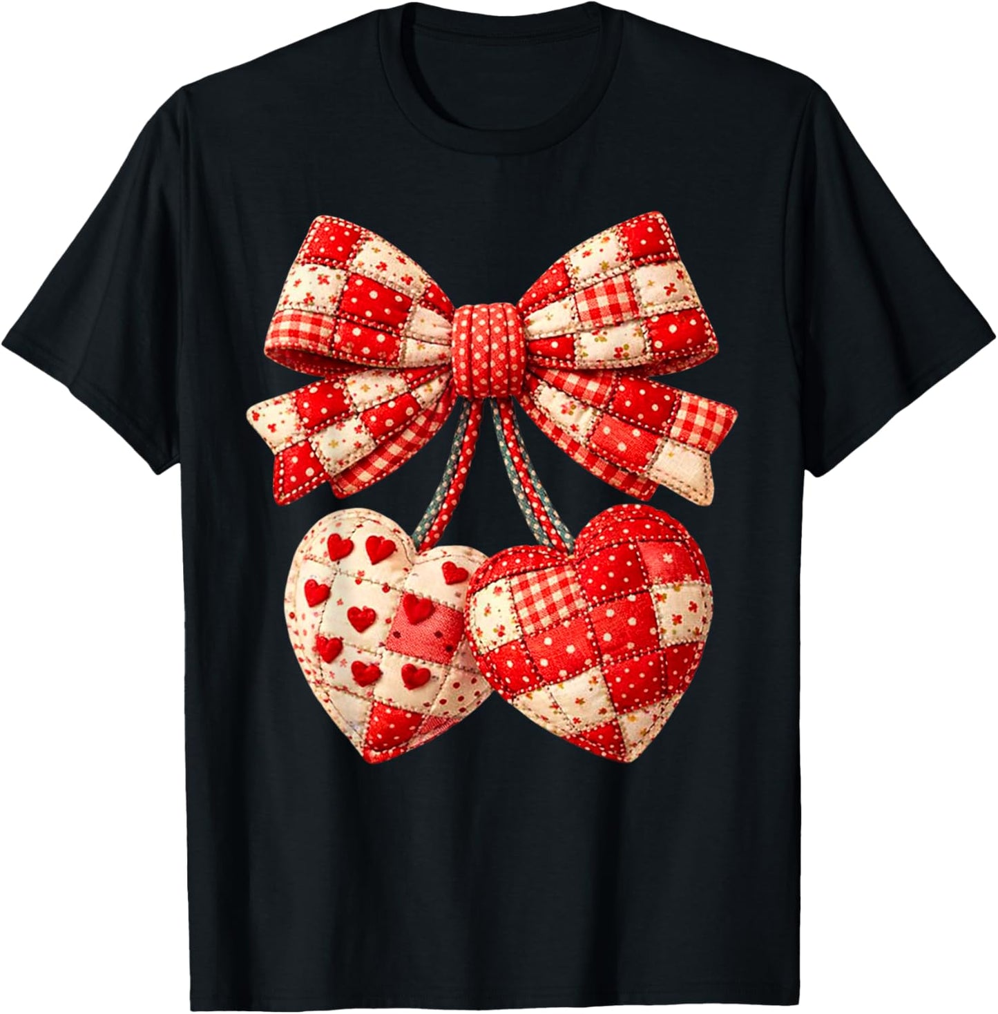 Valentine Hearts Bow Patchwork Graphic Art Romantic Quilted T-Shirt - T-Shirt | Black