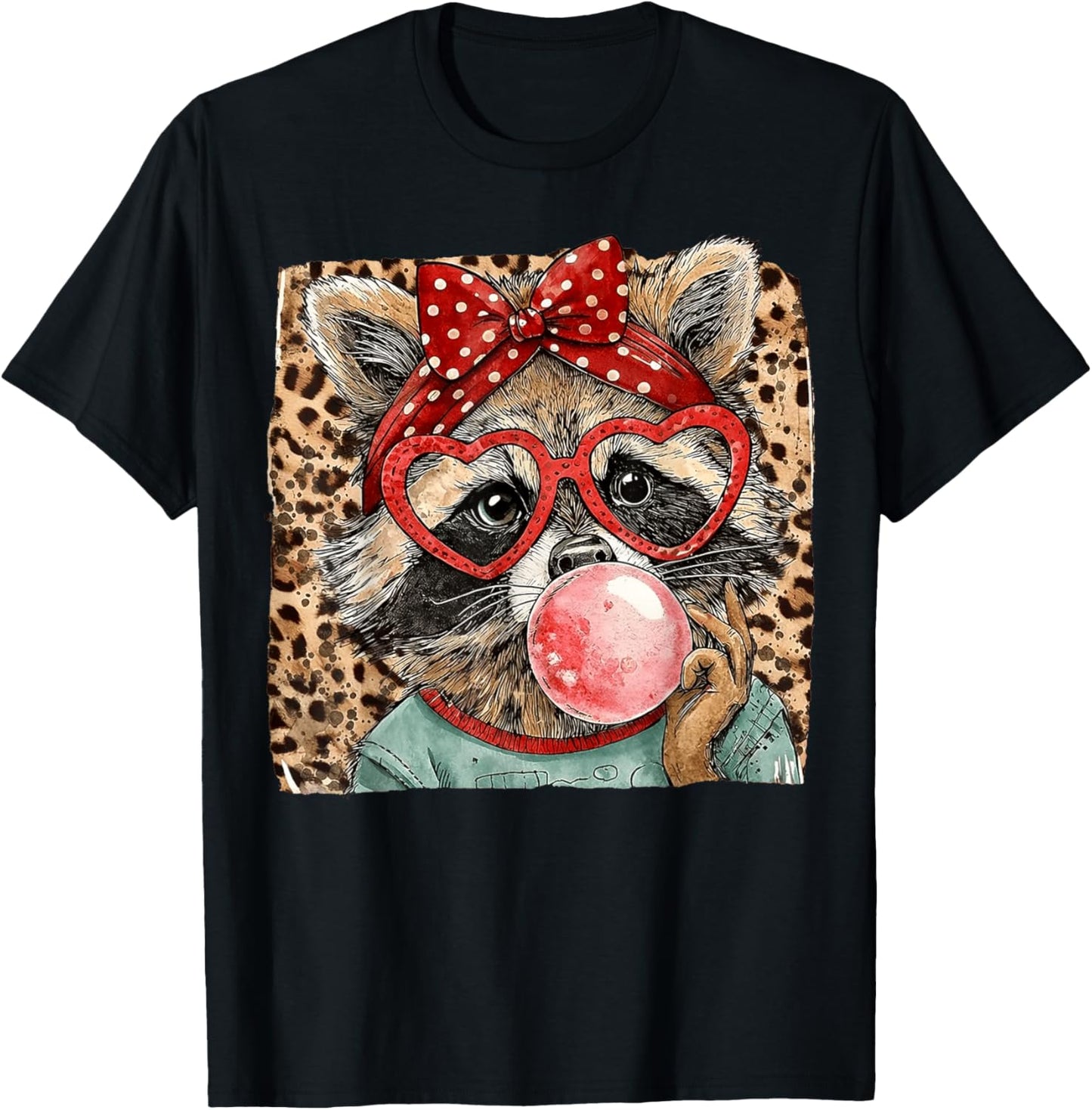 Vintage Leopard Racoon Bow Blowing Bubble Gum Valentine T-Shirt - T-Shirt | Black