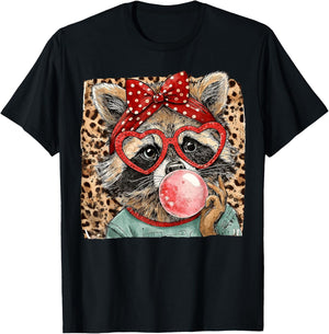 Vintage Leopard Racoon Bow Blowing Bubble Gum Valentine T-Shirt - T-Shirt | Black
