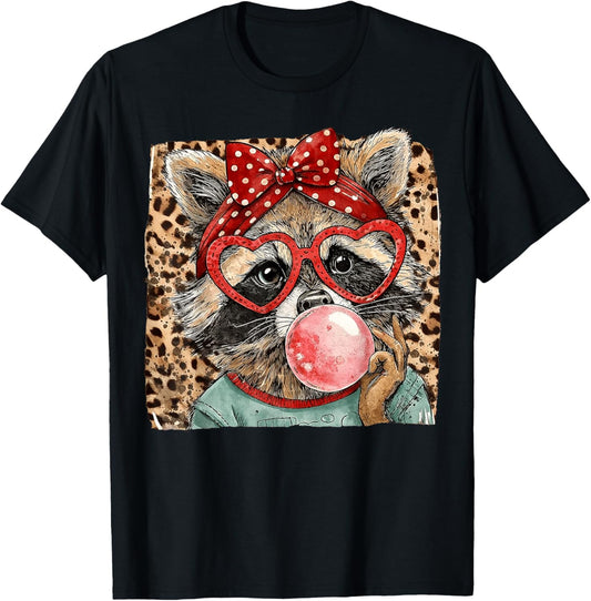 Vintage Leopard Racoon Bow Blowing Bubble Gum Valentine T-Shirt - T-Shirt | Black