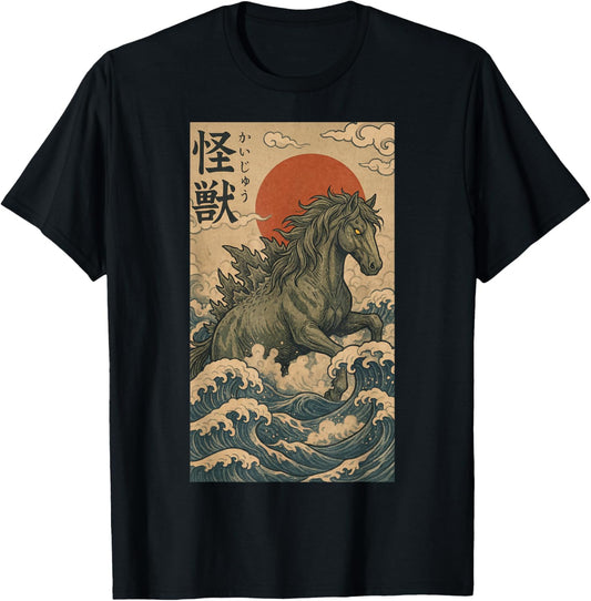 Horsezilla Horse Japanese Art Funny T-Shirt - T-Shirt | Black