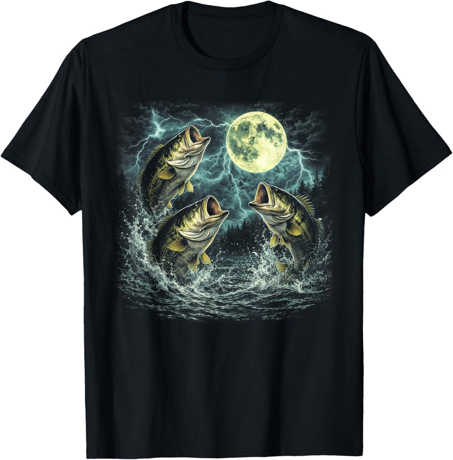 Bass Fish Howling at The Moon 90s Vintage Bass Fishing T-Shirt - T-Shirt | Black