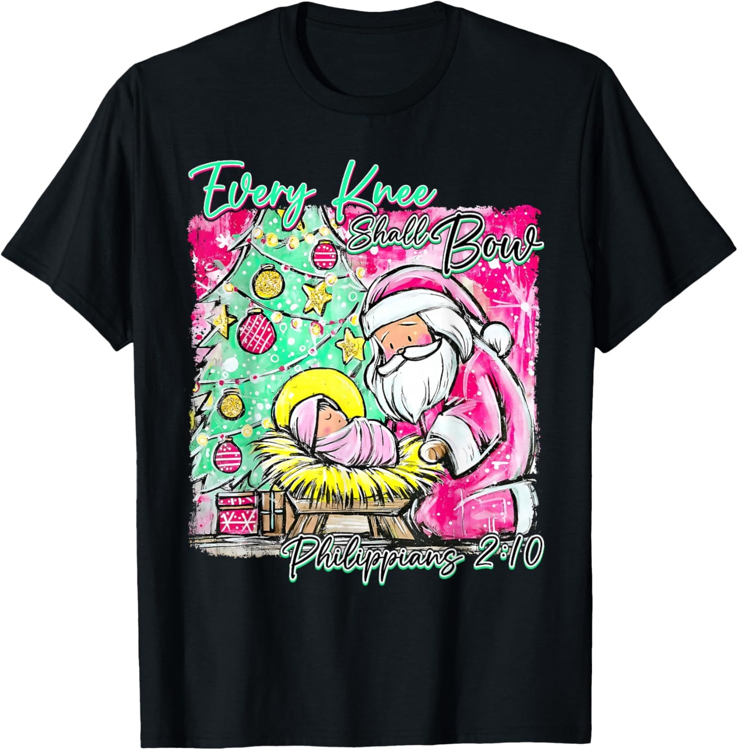 Every Knee Shall Bow Jesus Christian Christmas Santa Pajamas T-Shirt - T-Shirt | Black