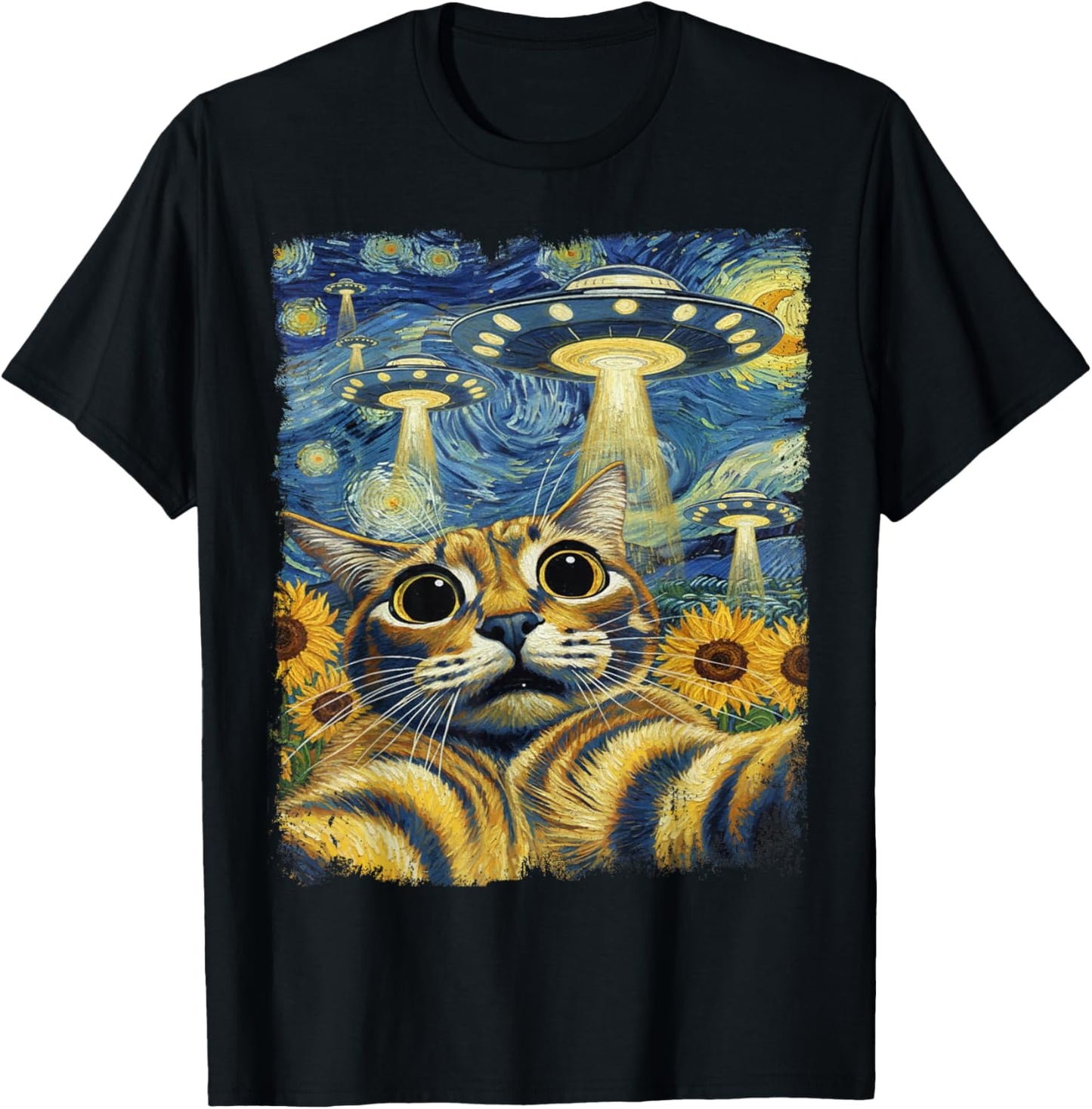 Cat Selfie with UFO Starry Night Van Gogh Cat Men Women Kids T-Shirt - T-Shirt | Black