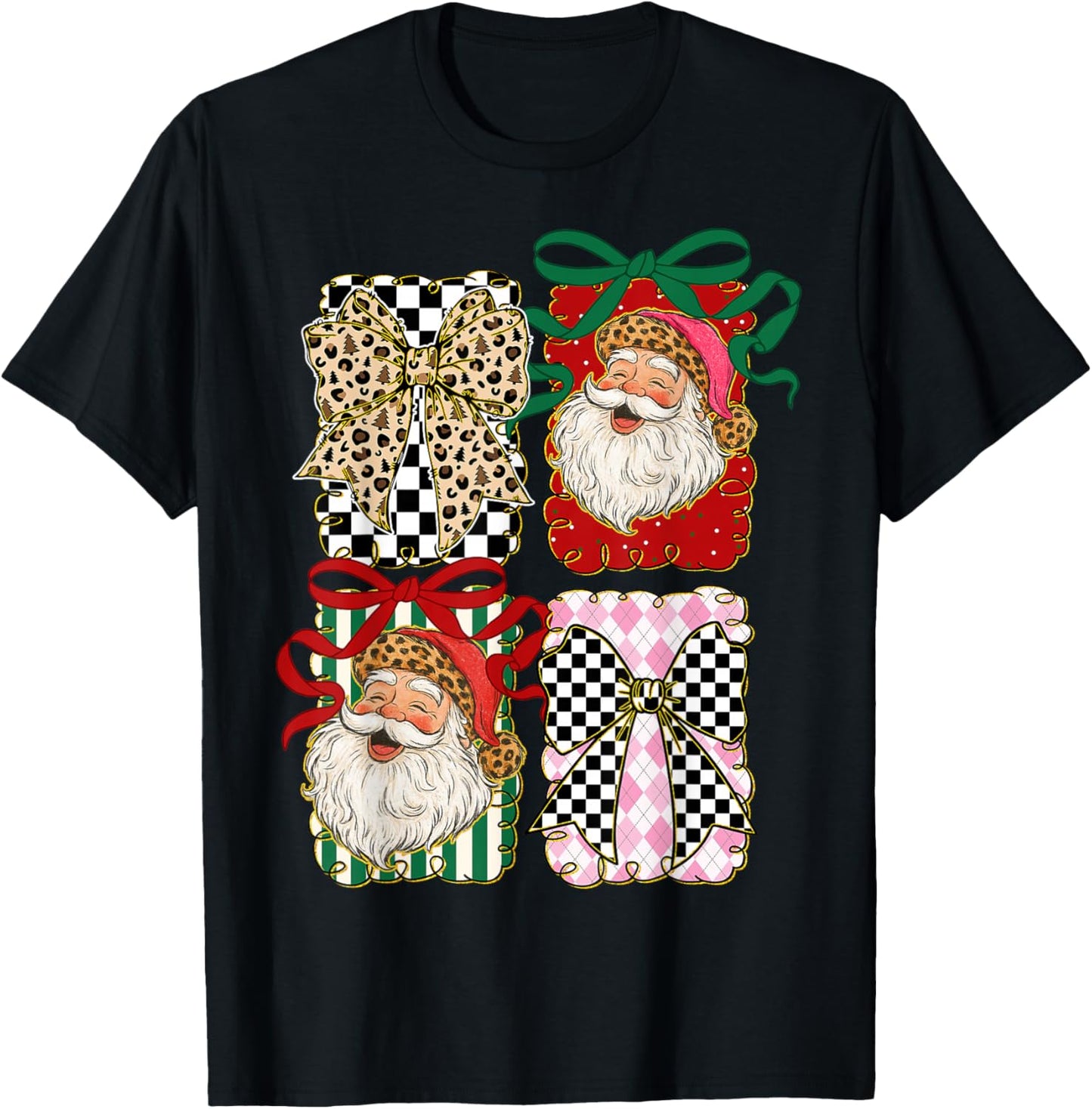 Vintage Santa Coquette Leopard Bow Preppy Christmas Holiday T-Shirt - T-Shirt | Black