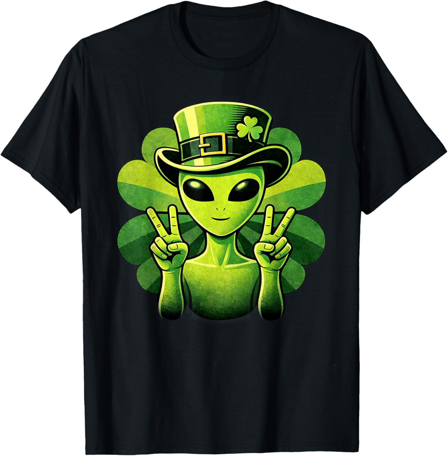 Funny St Patricks Day Alien Peace Shamrock Irish Humor T-Shirt - T-Shirt | Black