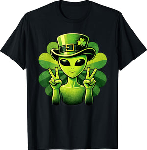 Funny St Patricks Day Alien Peace Shamrock Irish Humor T-Shirt - T-Shirt | Black