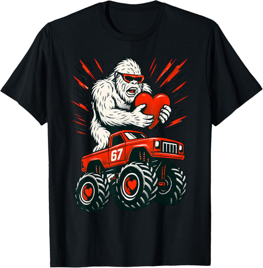 Valentines Day Bigfoot Sasquatch Riding Truck Funny Boys T-Shirt - T-Shirt | Black