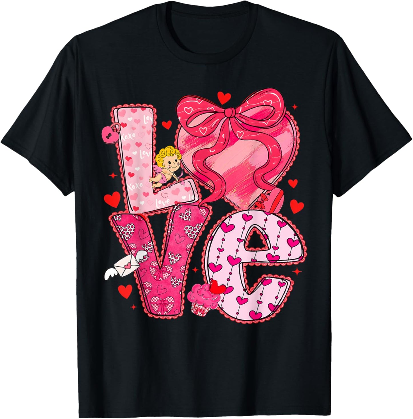 Valentine Love Heart Coquette Bow Cute Women Kids Girl T-Shirt - T-Shirt | Black