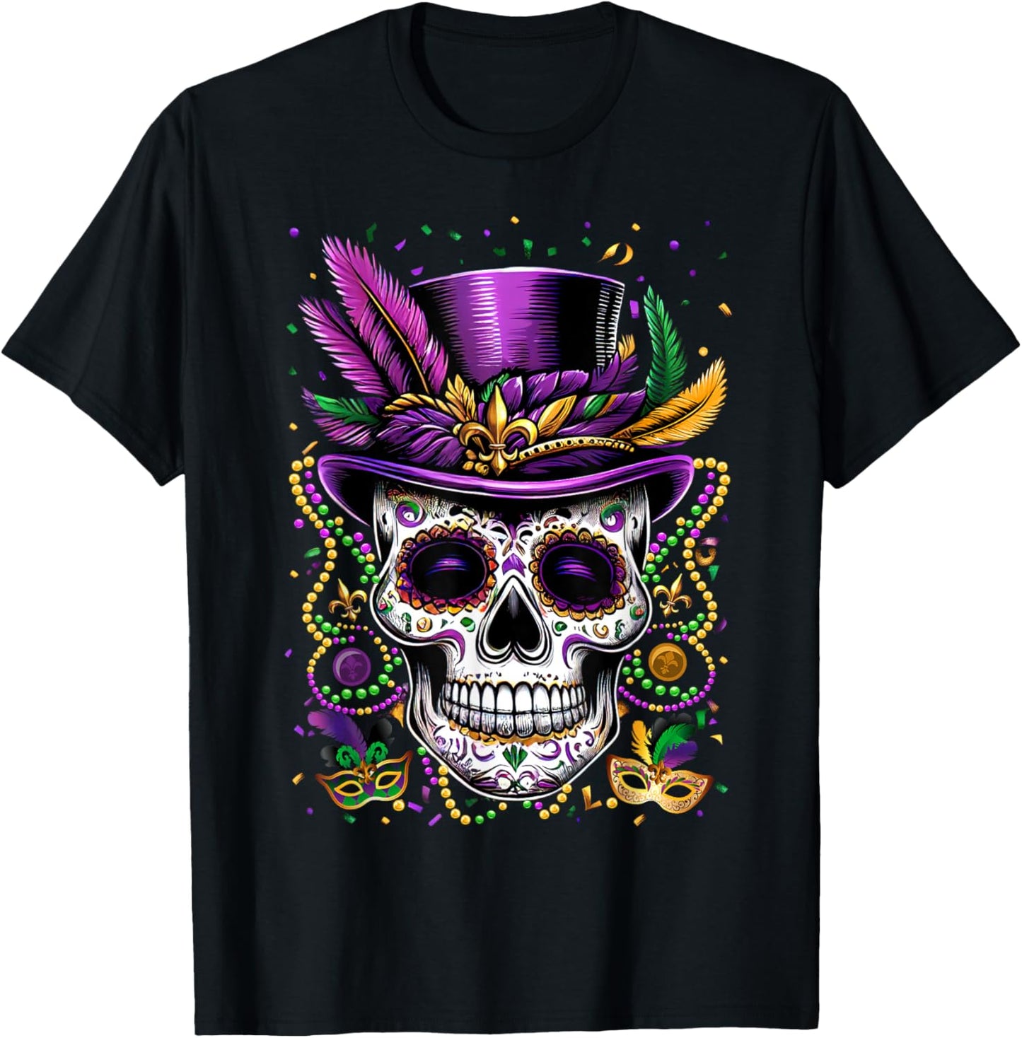 Mardi Gras Skull Top Hat Beads Mask New Orleans Louisiana T-Shirt - T-Shirt | Black