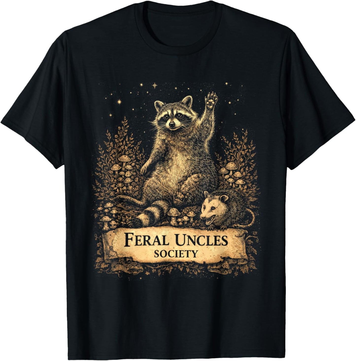 Feral Uncles Society Funny Raccoon & Opossum Vintage Graphic T-Shirt - T-Shirt | Black