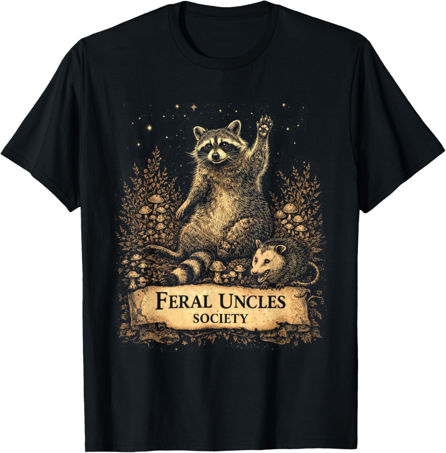 Feral Uncles Society Funny Raccoon & Opossum Vintage Graphic T-Shirt - T-Shirt | Black
