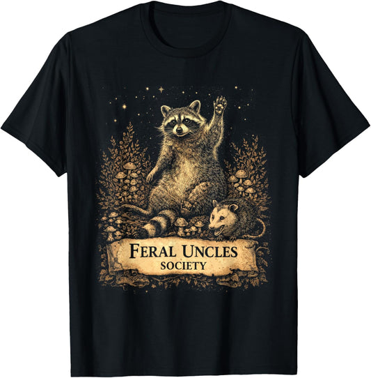 Feral Uncles Society Funny Raccoon & Opossum Vintage Graphic T-Shirt - T-Shirt | Black