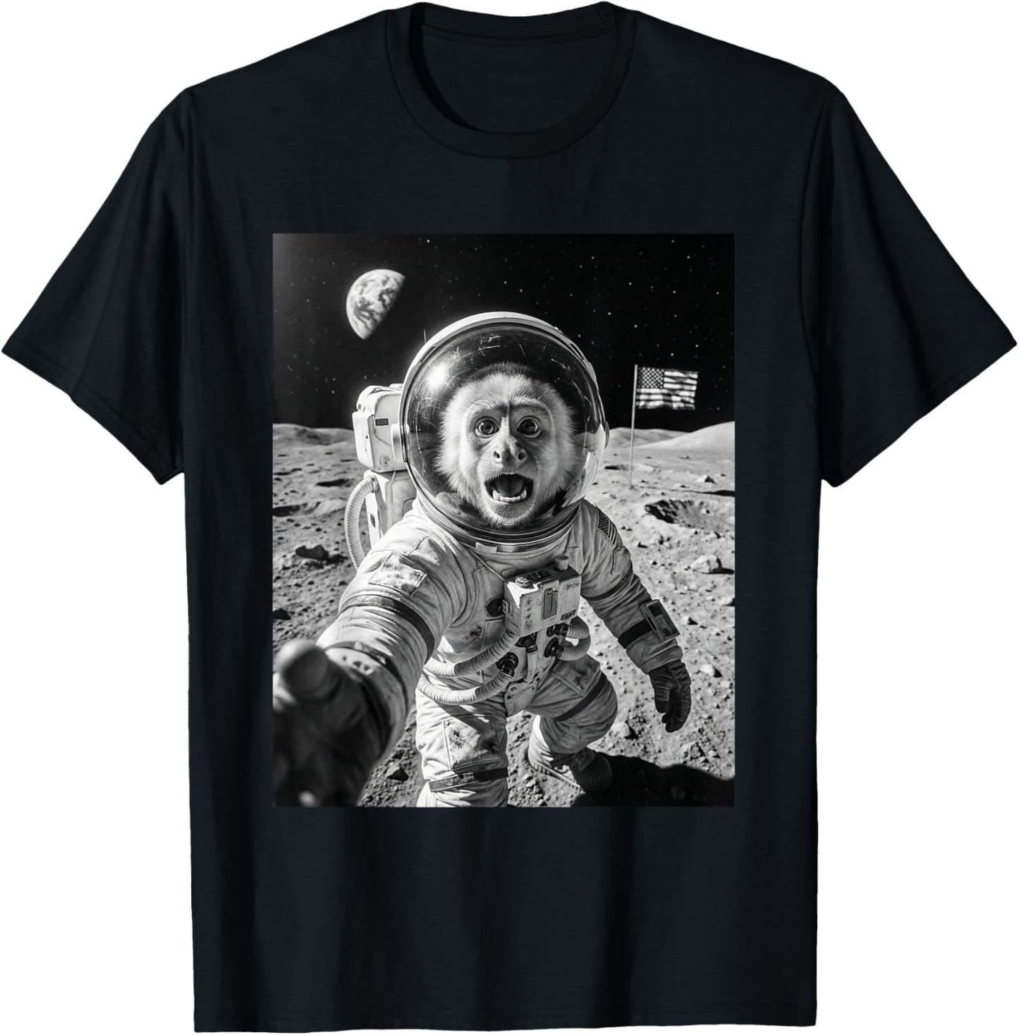 Monkey Astronaut Selfie On The Moon Funny Monkeys Lover T-Shirt - T-Shirt | Black