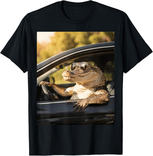 Funny Crocodile in Sunglasses Quirky Alligator Funny Gator T-Shirt - T-Shirt | Black