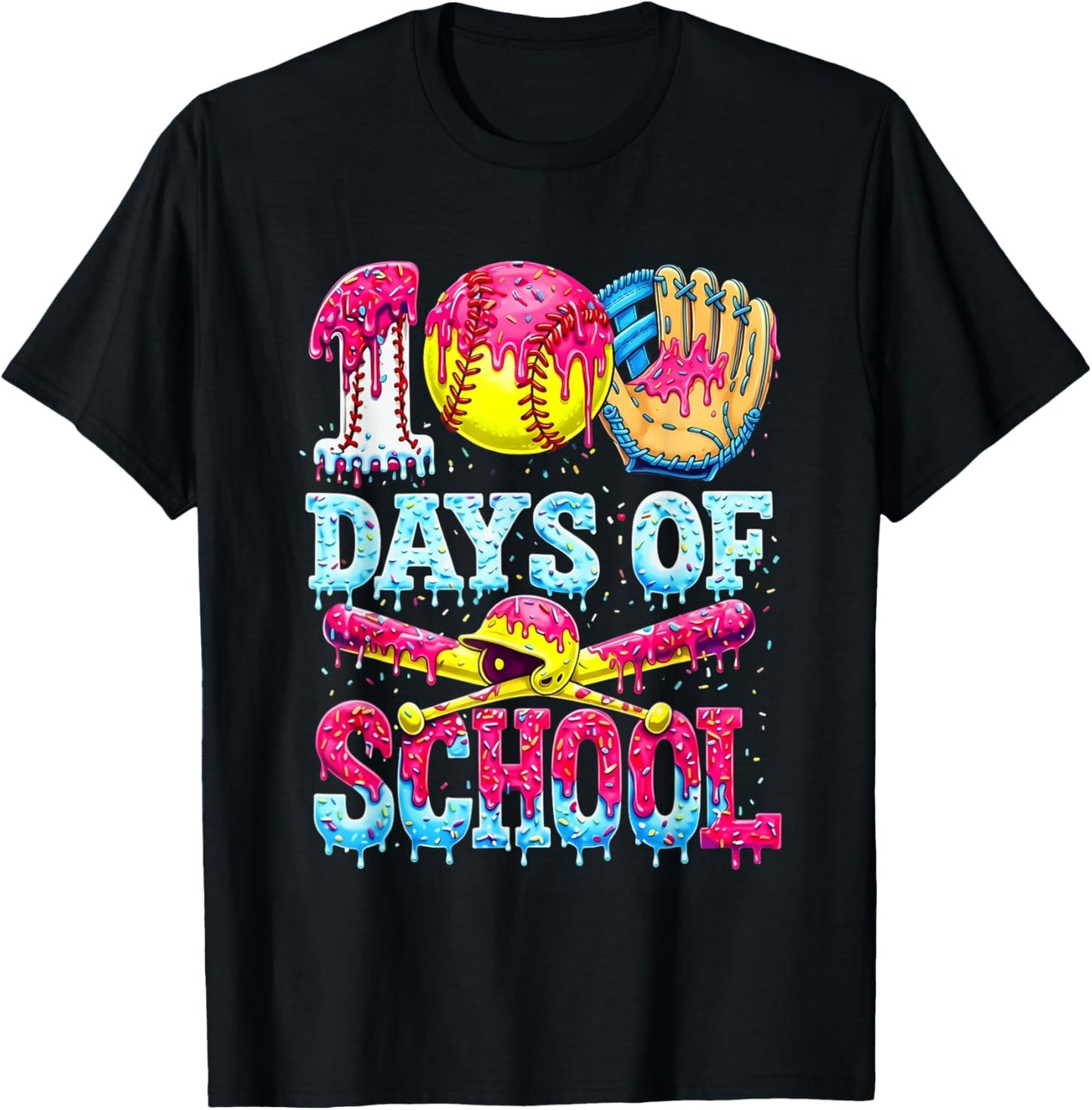 100 Days of School Softball Ice Cream Dripping Pattern T-Shirt - T-Shirt | Black