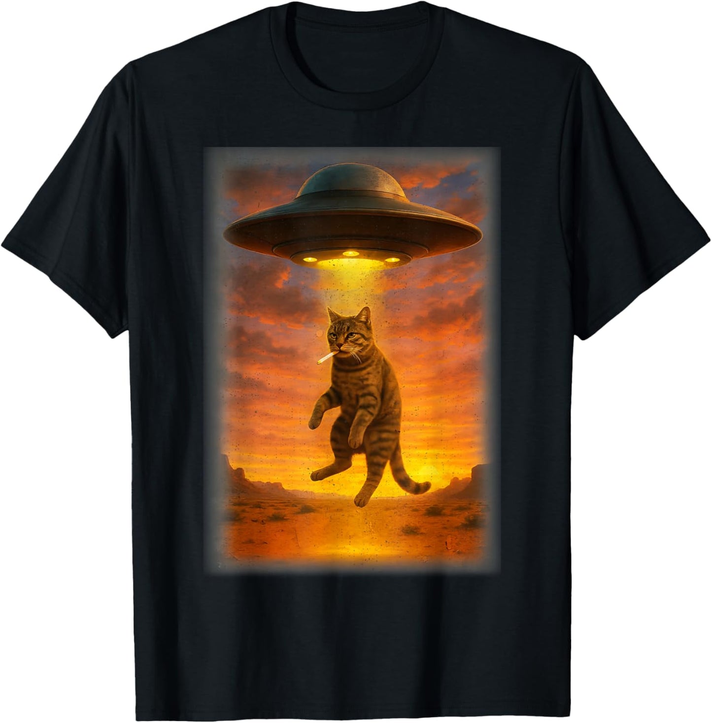 Retro Cat Smoking UFO Funny Japanese Anime Men Women T-Shirt - T-Shirt | Black