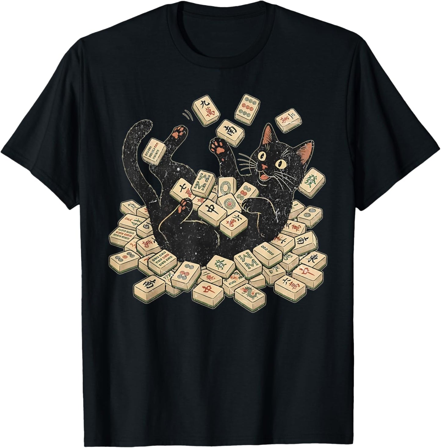 Retro Black Cat Playing Mahjong Funny Cat Meme Mahjong Lover T-Shirt - T-Shirt | Black
