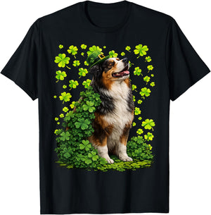Lucky Australian Shepherd with Shamrocks St Patricks Day Dog T-Shirt - T-Shirt | Black