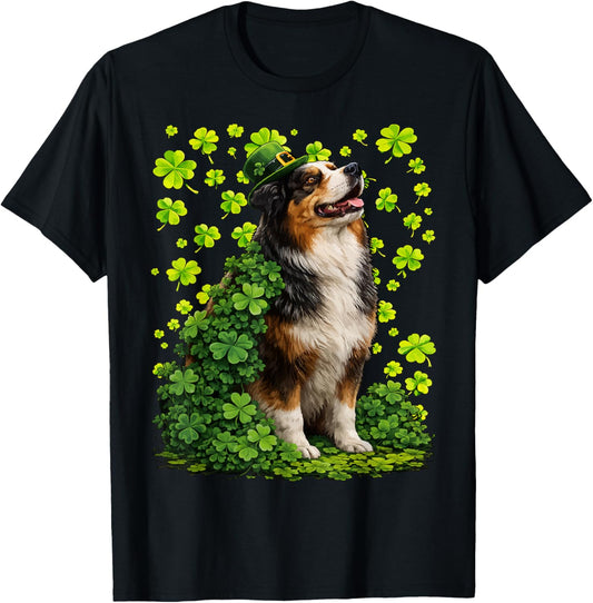 Lucky Australian Shepherd with Shamrocks St Patricks Day Dog T-Shirt - T-Shirt | Black