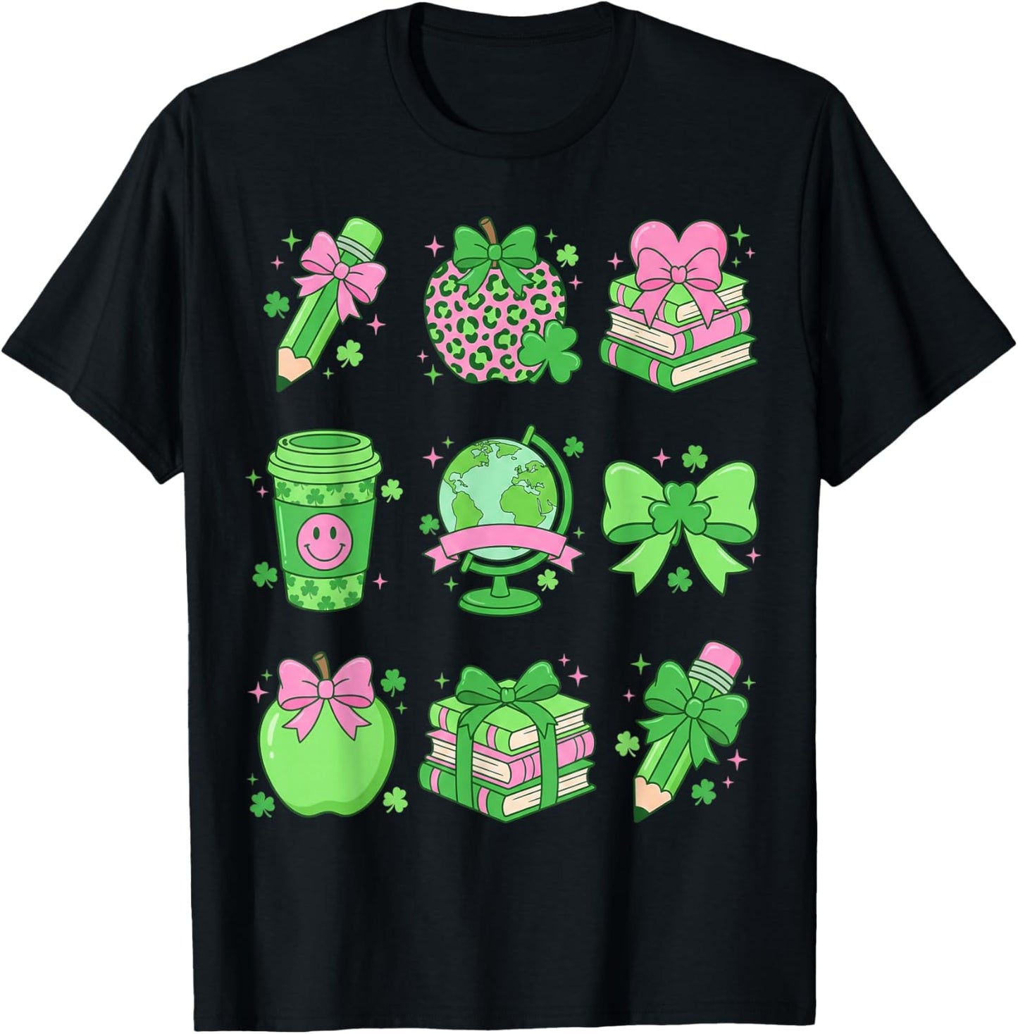 St Patrick's Day Lucky Teacher Shamrock Coquette Bow Pencil T-Shirt - T-Shirt | Black