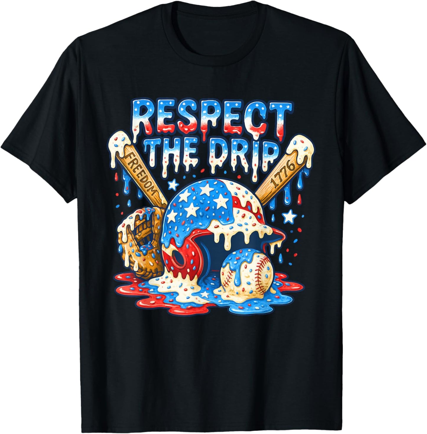 Funny Respect The Drip Baseball Ice Cream Drip 4th of July T-Shirt - T-Shirt | Black
