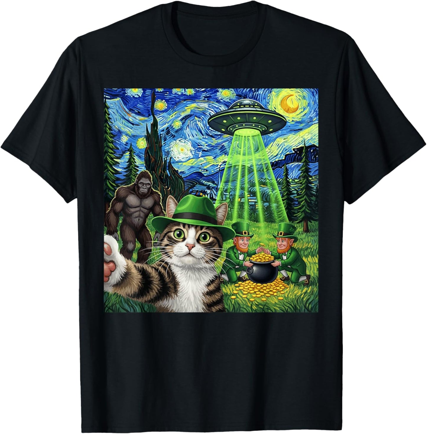 St Patricks Day Bigfoot Leprechaun Cat UFO Funny Scene T-Shirt - T-Shirt | Black