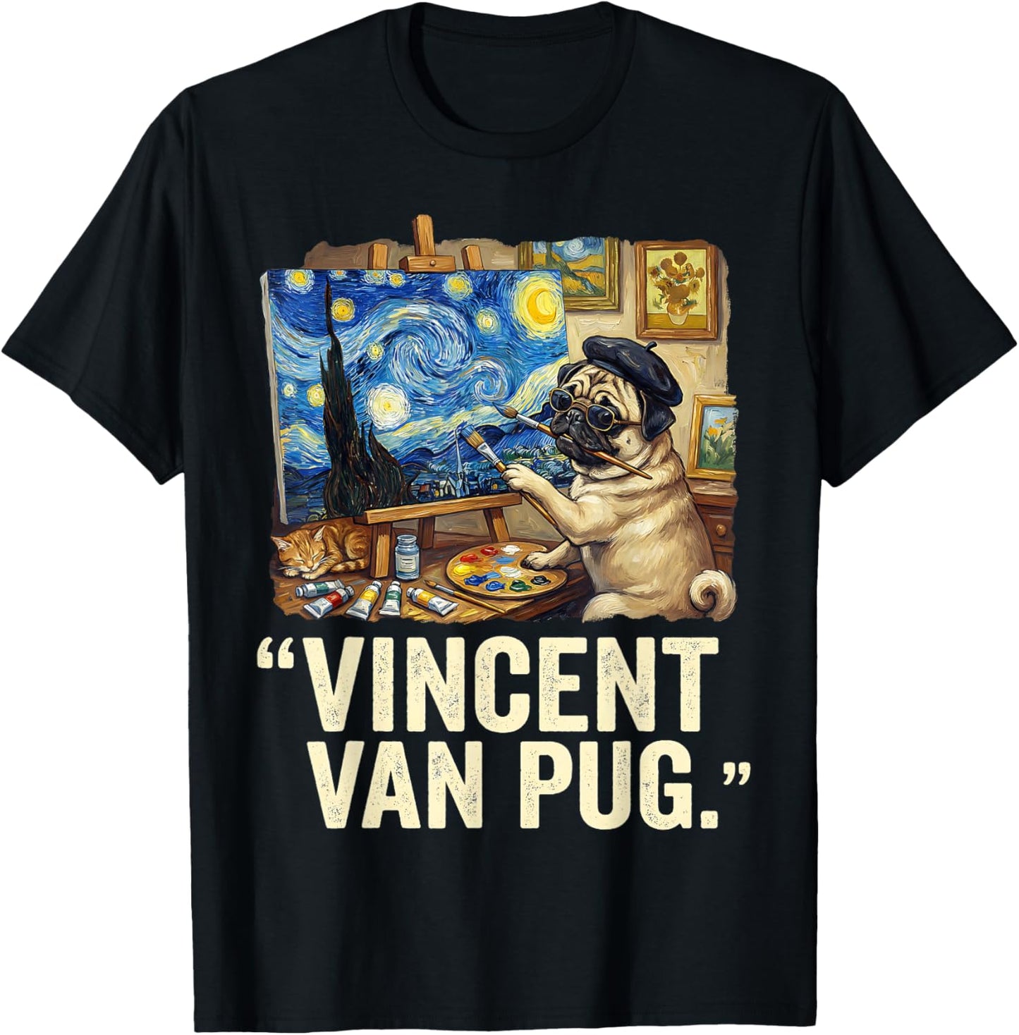 Starry Night Dog Van Gogh Pug Lovers Vincent Van Pug T-Shirt - T-Shirt | Black