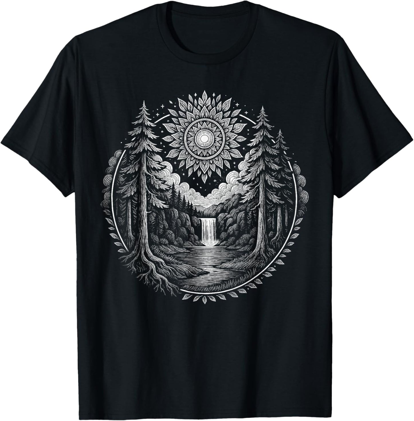 Forest Mandala Sun Waterfall Nature Boho Calm Graphic T-Shirt - T-Shirt | Black