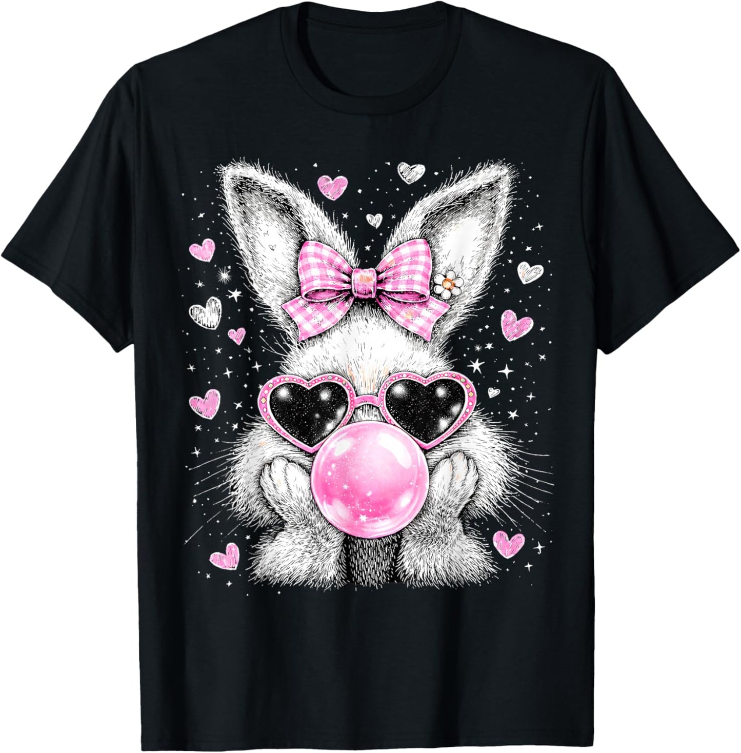 Easter Bunny Blowing Bubble Gum Coquette Bow Women Girls T-Shirt - T-Shirt | Black