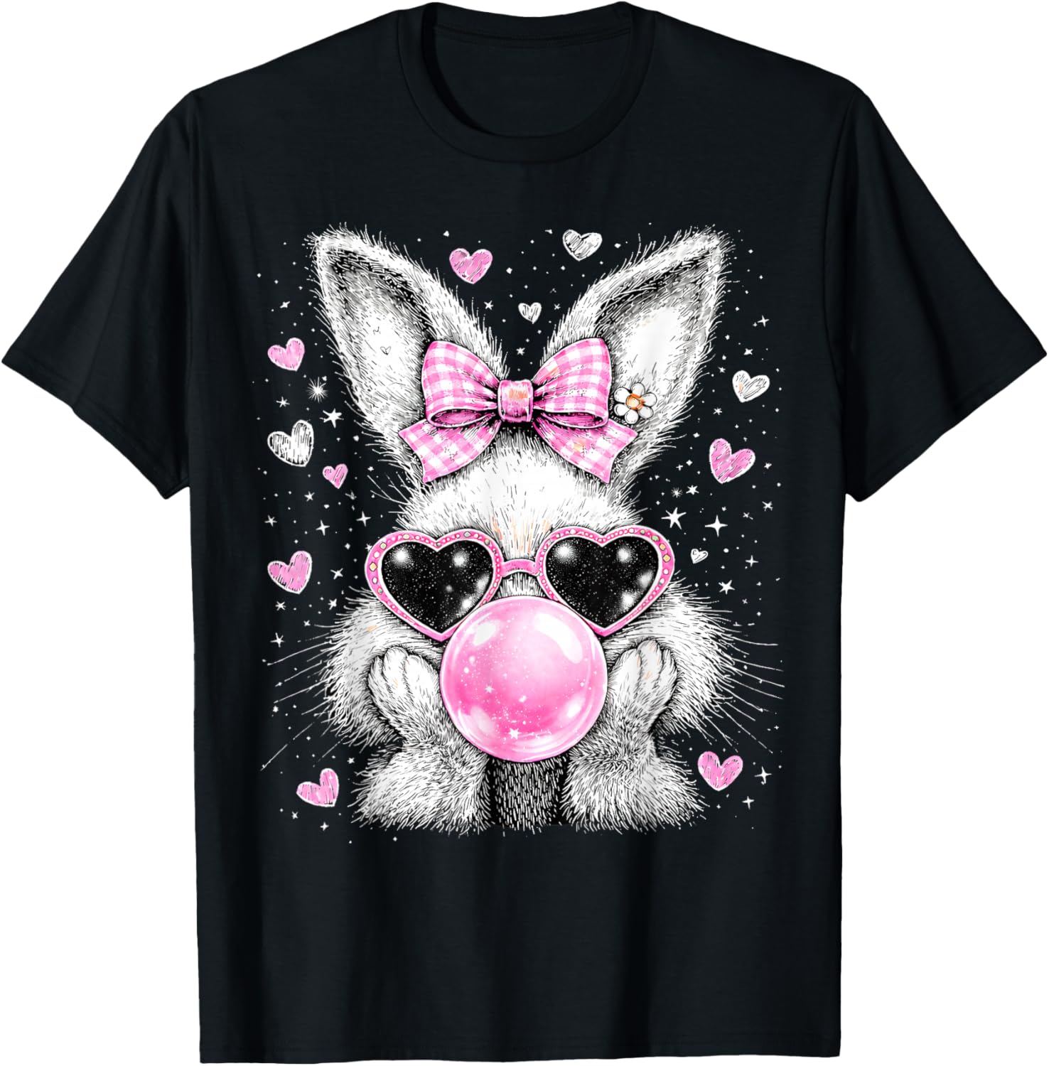 Easter Bunny Blowing Bubble Gum Coquette Bow Women Girls T-Shirt - T-Shirt | Black
