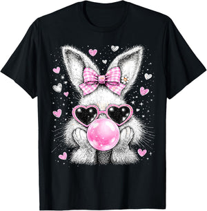 Easter Bunny Blowing Bubble Gum Coquette Bow Women Girls T-Shirt - T-Shirt | Black