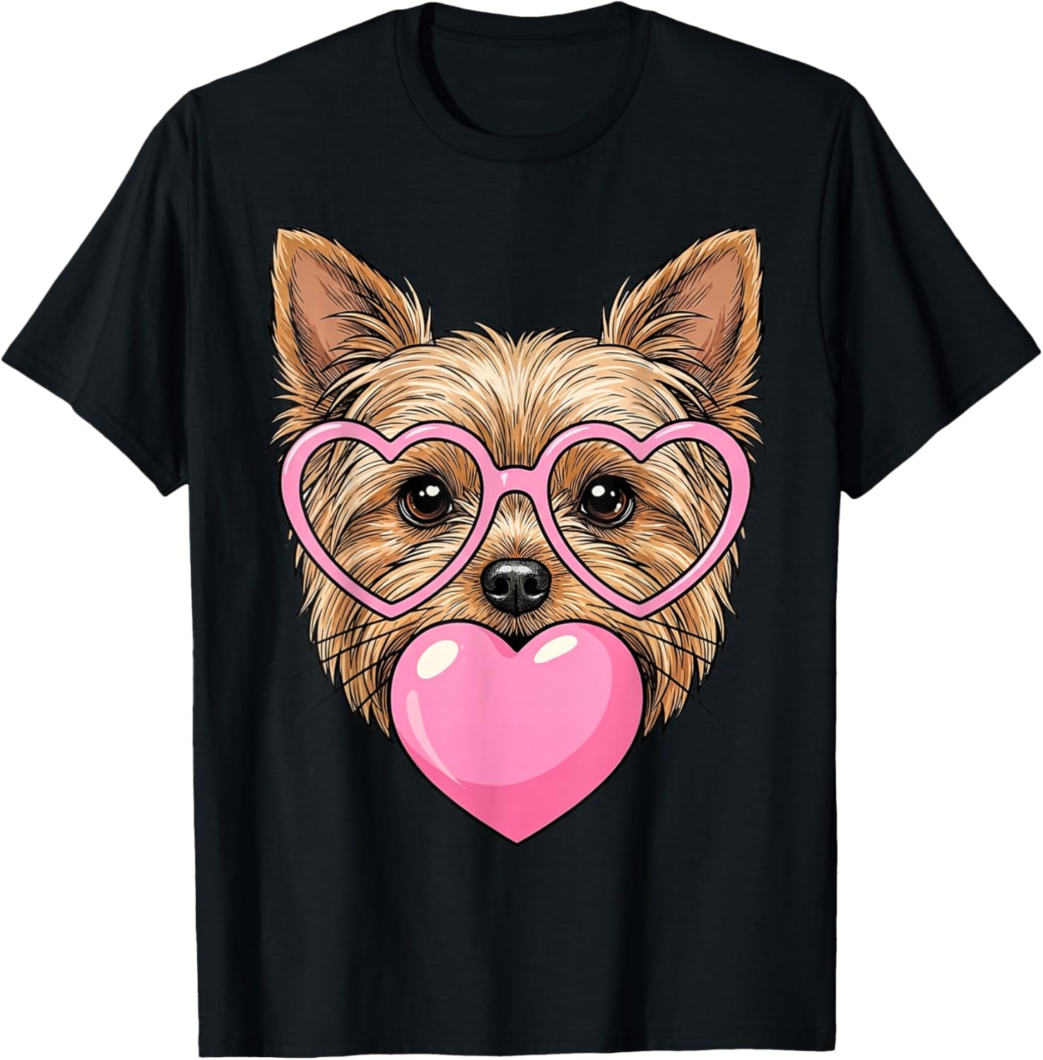 Funny Cute Yorkie Dog Heart Bubble Gum Puppy Face Animal Art T-Shirt - T-Shirt | Black