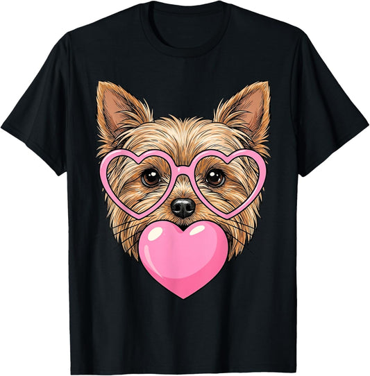 Funny Cute Yorkie Dog Heart Bubble Gum Puppy Face Animal Art T-Shirt - T-Shirt | Black