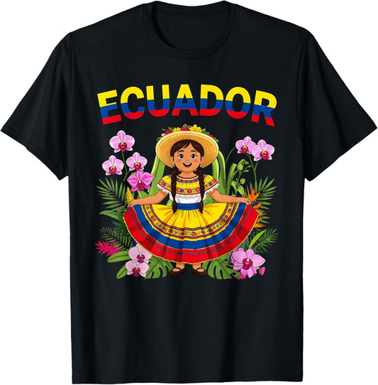 Flowers Ecuador Design Traditional Ecuadorian Girl Dress T-Shirt - T-Shirt | Black