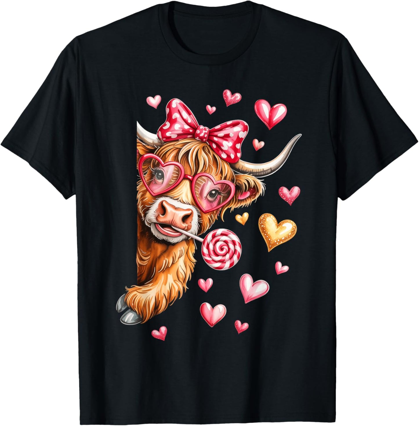 Valentine Highland Cow, Valentine Coquette T-Shirt - T-Shirt | Black