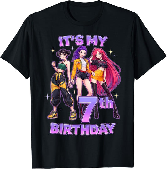 7 Years Old Birthday K pop Kids 7th Bday Girls K-pop T-Shirt - T-Shirt | Black