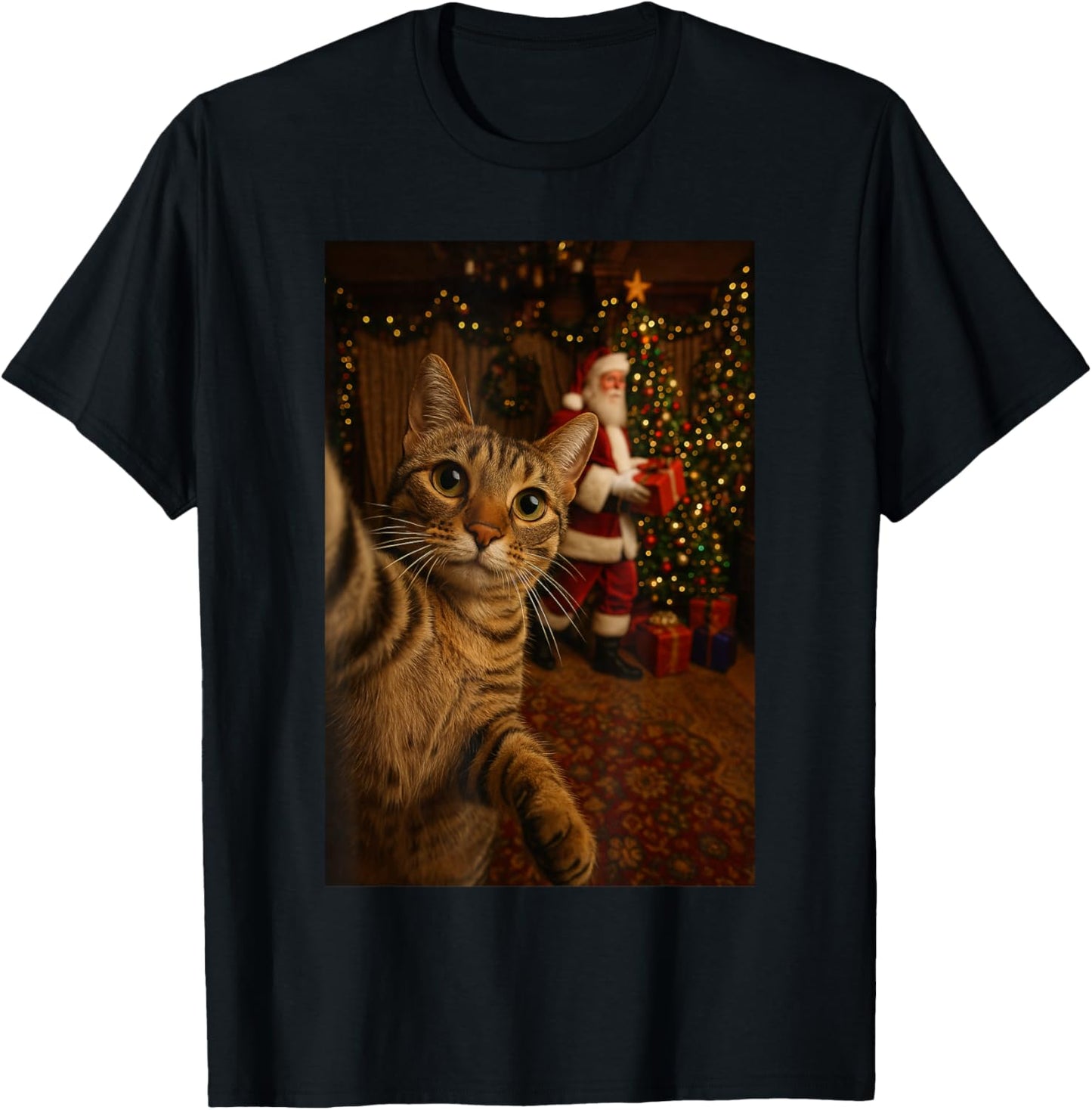 Santa Cat Christmas Tree Shirt, Funny Christmas Cat Selfie T-Shirt - T-Shirt | Black