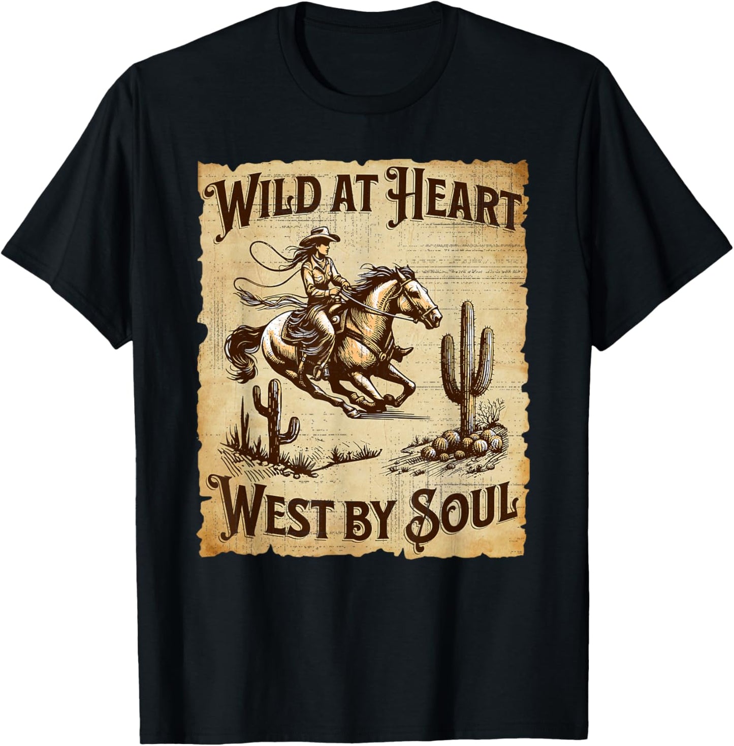 Wild at Heart West by Soul Cowgirl Western Funny Graphic T-Shirt - T-Shirt | Black